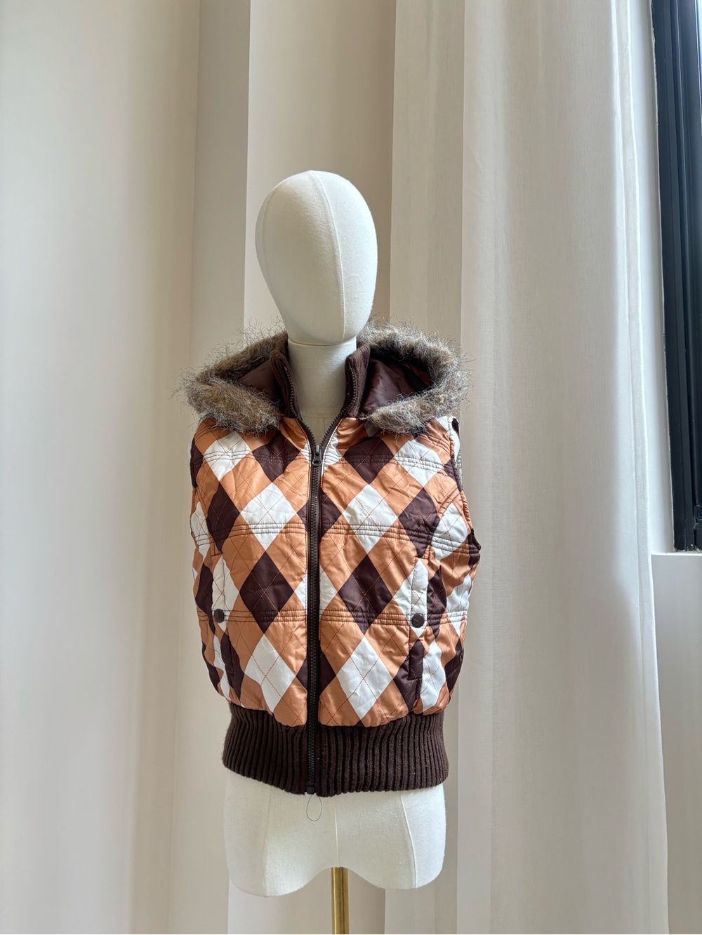 Ashley By 26 International Quilted Argyle Hooded Vest in Brown, Cream, Tan